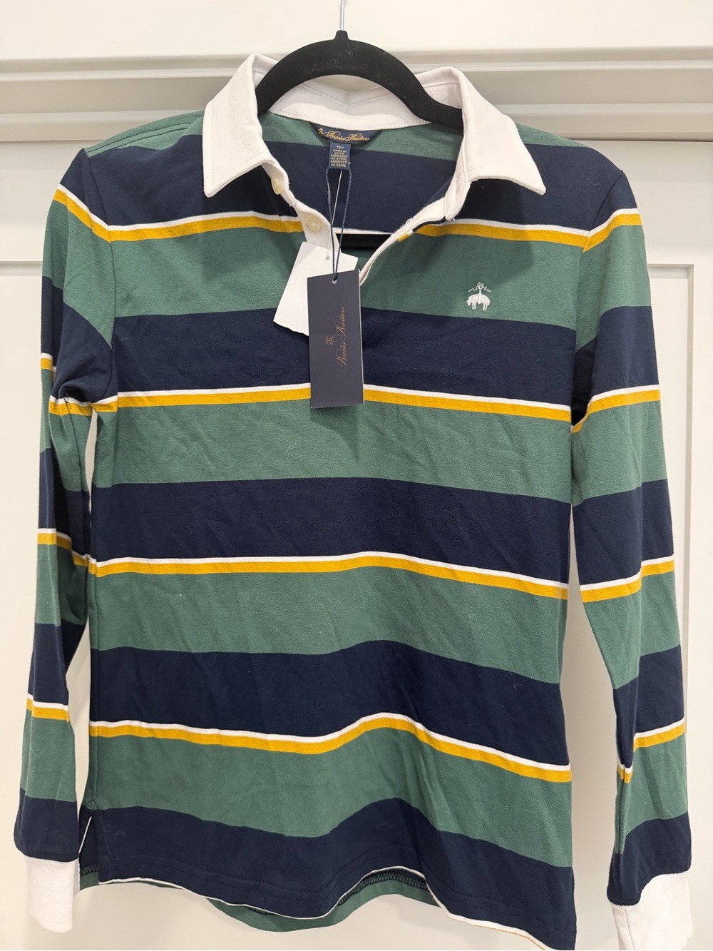 Brook’s Brothers Long-Sleeve Striped Rugby Polo in Green, Navy & Yellow